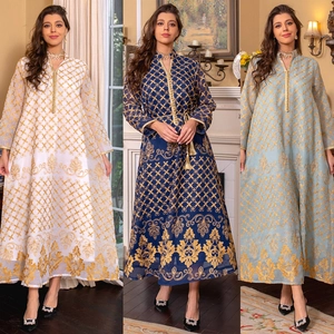 Abito Maxi da Donna Etnico con Ricamo Dorato Manica Lunga Scollo a V Kaftan Abaya Abito da Sera in Tessuto Doris Elegante