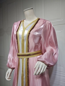 Detailed embroidery on pink satin kaftan dress with lantern sleeves and beadwork
