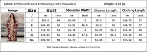 Detailed size guide chart for chiffon gold foil maxi dress showing measurements