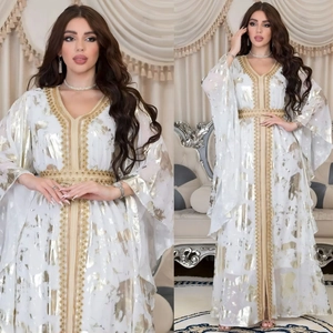 White and gold bronzing chiffon kaftan dress with embroidery and decorative belt