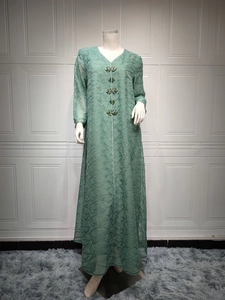 Detailed embroidery and beaded floral jewelry buttons on this mint green ethnic mesh dress