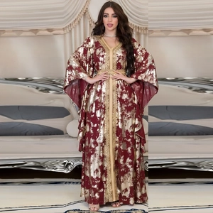 Luxurious burgundy kaftan dress with gold foil print and matching embroidered belt