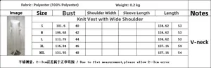 Detailed size guide for the V-neck knitted dress including S-XXL measurements and fabric specs