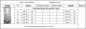 Size chart for white V-neck knit sleeveless dress with measurements from S to XXL