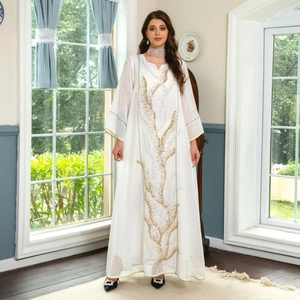 Elegant white maxi dress with gold sequin embroidery and long sleeves for women