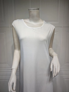 Classic white sleeveless V-neck knit vest dress shown on a minimalist mannequin