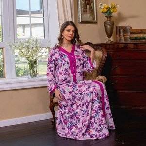 Elegant pink and purple floral print V-neck kaftan dress with magenta braided trim details