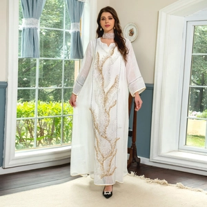 Elegant white kaftan dress with gold sequin branch pattern, loose summer style for women