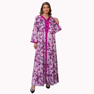 Elegant floral print kaftan maxi dress in rose purple with V-neck and long sleeves