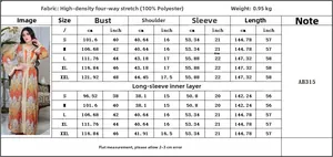 Size chart for long sleeve printed abaya dress set with detailed cm and inch measurements