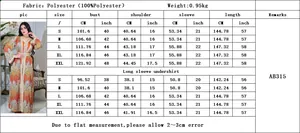 Detailed size chart for long sleeve printed abaya set showing bust and length measurements