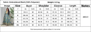 Detailed size chart for embroidered ethnic evening dress showing S to XXL measurements