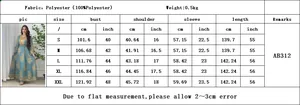 Detailed size guide table for light blue long sleeve dress with golden embroidery