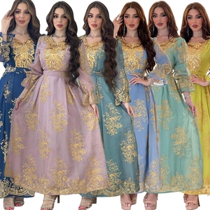 Women's Kaftan Maxi Dress Elegant Gold Embroidery Chiffon Long Sleeve Ethnic Party Evening Banquet Wedding Abaya Dress