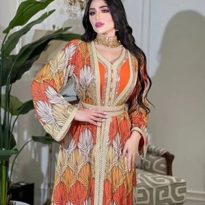 Elegant orange Kaftan dress with gold embroidery and feather print patterns