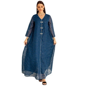 Elegant navy blue V-neck long sleeve abaya dress with white embroidery and mesh details