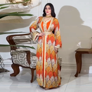 Elegant orange Moroccan caftan dress set with feather print and gold embroidery