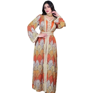 Long sleeve kaftan maxi dress with leaf print, gold embroidery and matching waist belt