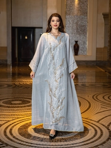 Elegant light grey kaftan dress with silver branch sequin embroidery detail for women