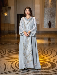 Elegant light blue Kaftan dress with golden sequin embroidery for women