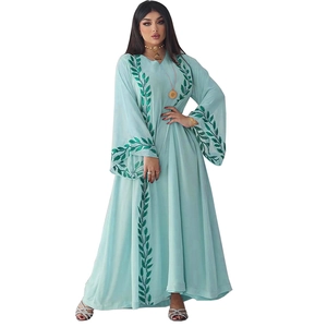 Light blue long sleeve Abaya dress with dark green leaf embroidery and elegant loose fit