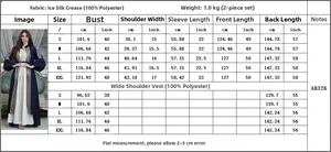 Size chart for blue sequin embroidered 2pcs dress set with bust and sleeve measurements