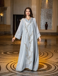 Elegant light grey maxi dress with golden and silver sequin floral embroidery details