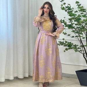 Detailed golden floral embroidery on light purple long-sleeve ethnic evening dress