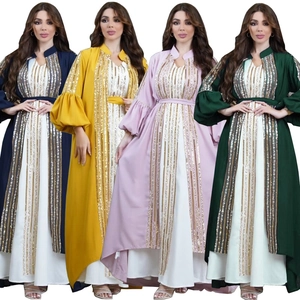 Women Muslim Abaya Robe And Dress Sequin Embroidery Lantern Sleeve Maxi Kaftan With Belt Islamic Ethnic Party Outfits