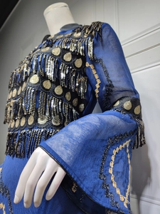 Detail of royal blue evening dress with golden sequins and tassel embroidery