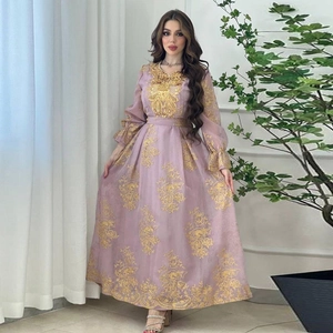 Lavender long-sleeve dress with golden embroidery and elegant high-waisted design