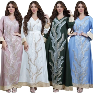 Robe Longue Abaya Caftan pour Femme Col en V Broderie de Paillettes Modeste Manches Longues Ethnique Élégante Robe de Soirée Avec Ceinture