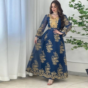Elegant navy blue long sleeve maxi dress with intricate gold floral embroidery for evening party
