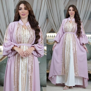 Lilac and white abaya dress with gold sequin embroidery and puff lantern sleeves