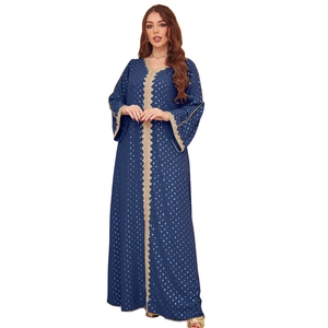Dunkelblaues Kaftan-Kleid mit goldener Wellenstickerei und Pailletten, elegantes langes Design