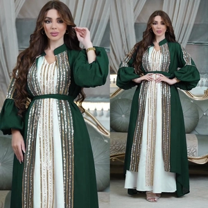 Elegant green and white Abaya with golden sequins, lantern sleeves and waist tie
