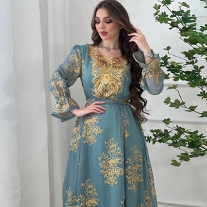 Elegant grey-blue long ethnic dress with gold floral embroidery and sequins