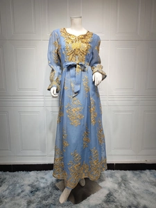 Detailed view of intricate gold floral embroidery and sequins on light blue ethnic dress