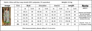 Detailed size guide and fabric specs for ethnic print tassel dress with 95% polyester