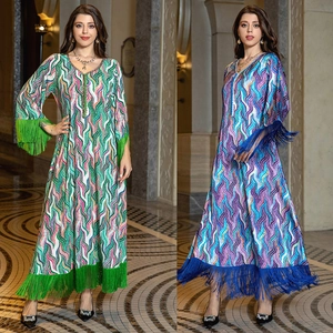 Women Ethnic Bohemian Kaftan Maxi Dress V Neck Long Sleeve Wave Print Tassel Hem Dress Loose Beach Vacation Robe For Ladies