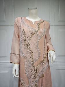 Detailed view of shimmering gold and silver sequins on a pink long sleeve plus size dress