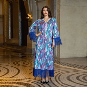 Bohemian silk-like long dress with purple wave print and navy blue fringe hem
