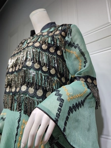 Close-up of mint green dress with intricate black and gold sequin embroidery and tassels