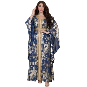 Elegant navy blue chiffon kaftan dress with golden foil print and V-neckline embroidery