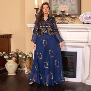 Elegant navy blue sequined embroidery evening dress with gold tassels and long sleeves