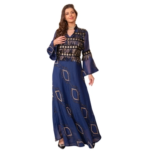 Dark blue formal maxi dress with gold sequins embroidery and elegant fringe details