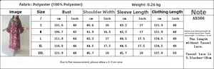 Detailed size chart for ethnic print dress with tassels including S-XXL dimensions
