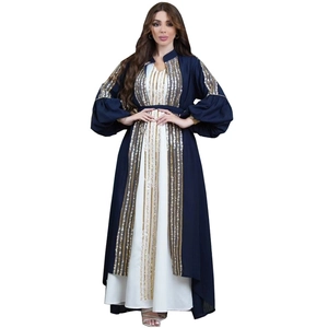Elegant navy and white contrast Abaya with sequin stripes and lantern sleeves
