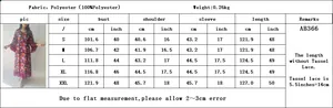 Detailed size chart for floral gold print dress showing measurements from S to XXL sizes
