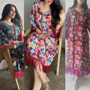 Women's Ethnic Floral Maxi Dress V-Neck Tassel Hem Bohemian Kaftan Long Sleeve Printed Polyester Vacation Dress For Lady